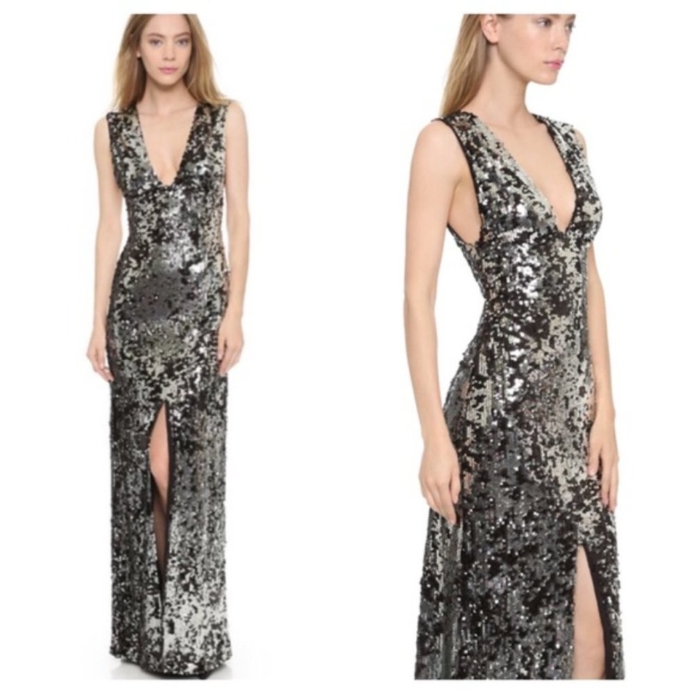 Rachel Zoe Venus Maxi Silver And Black Sequins Sleeveless Gown